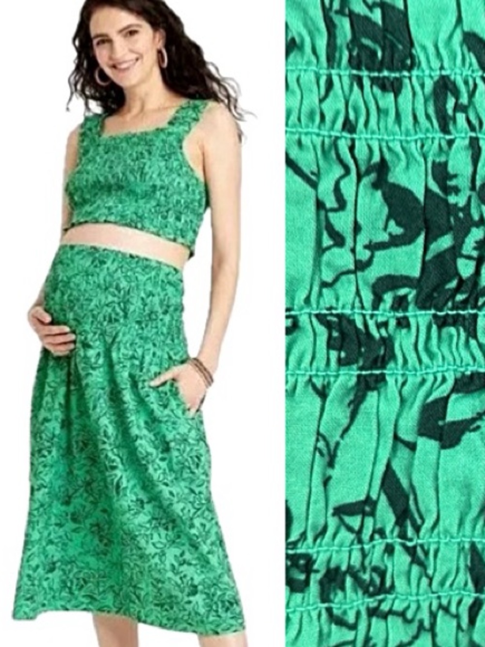 NWT Isabel Maternity 2 Piece Set Size XL Green Floral CropTank Top & Midi Skirt